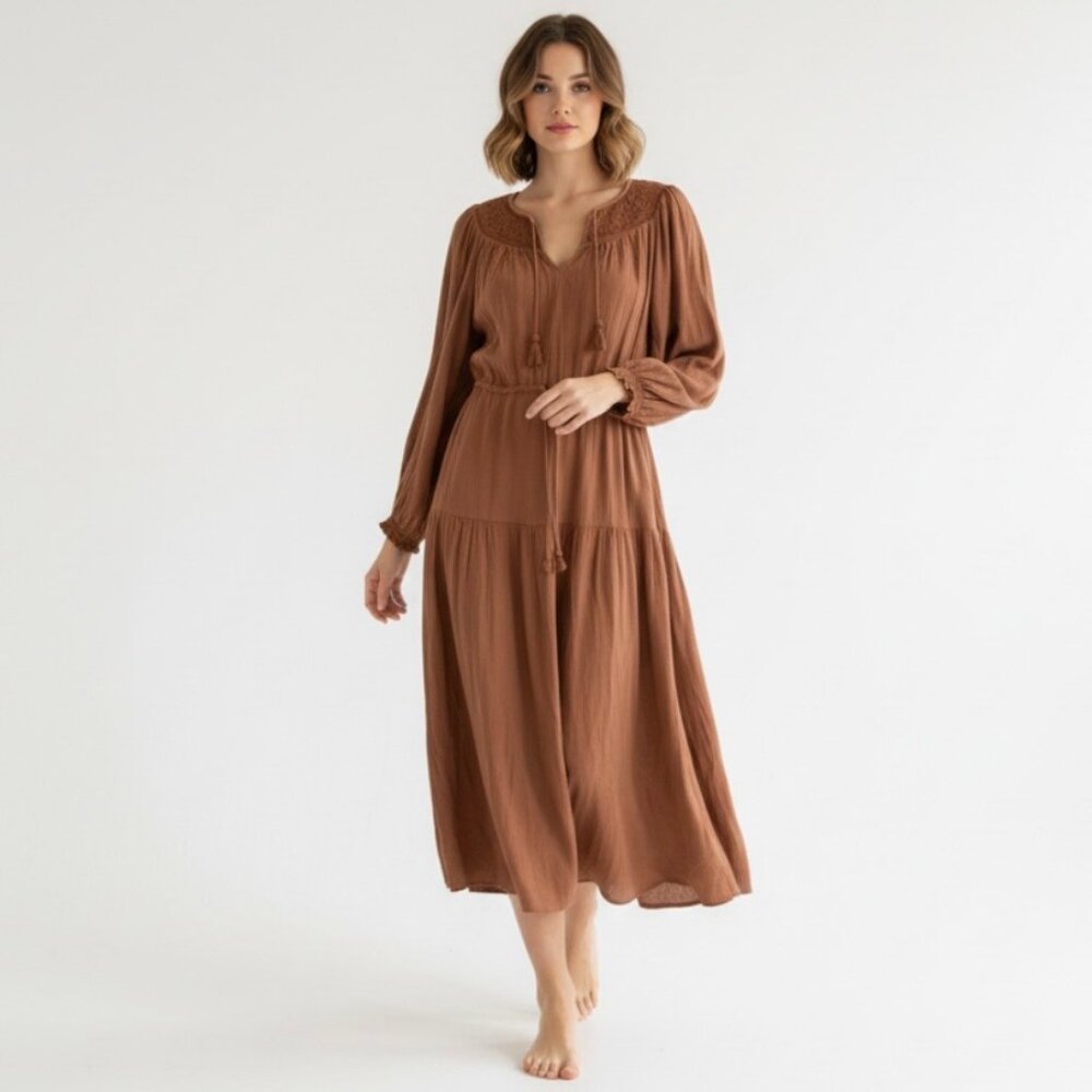 Old Navy Waist Defined Crinkle Textured Long Sleeve Boho/Cottage-core Midi Dress